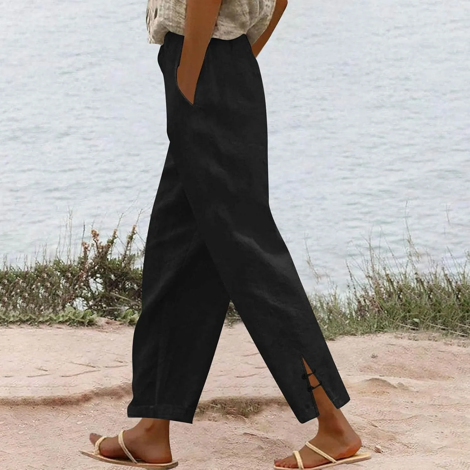 GOFULY Womens Linen Pants Casual Wide Leg High Rise Pants Beach Elastic Waist 2025 Summer Soft Solid Trouser with Pockets