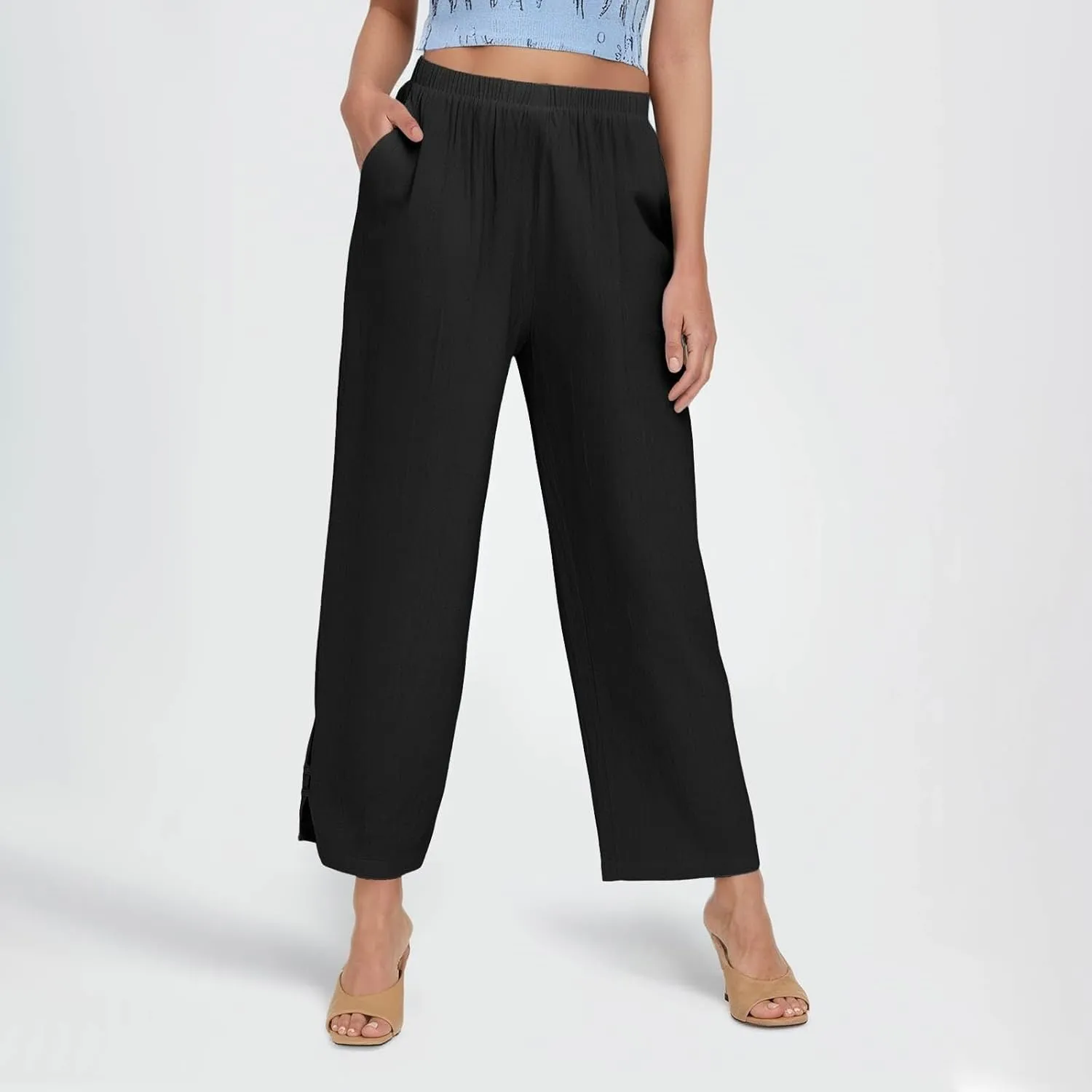 GOFULY Womens Linen Pants Casual Wide Leg High Rise Pants Beach Elastic Waist 2025 Summer Soft Solid Trouser with Pockets