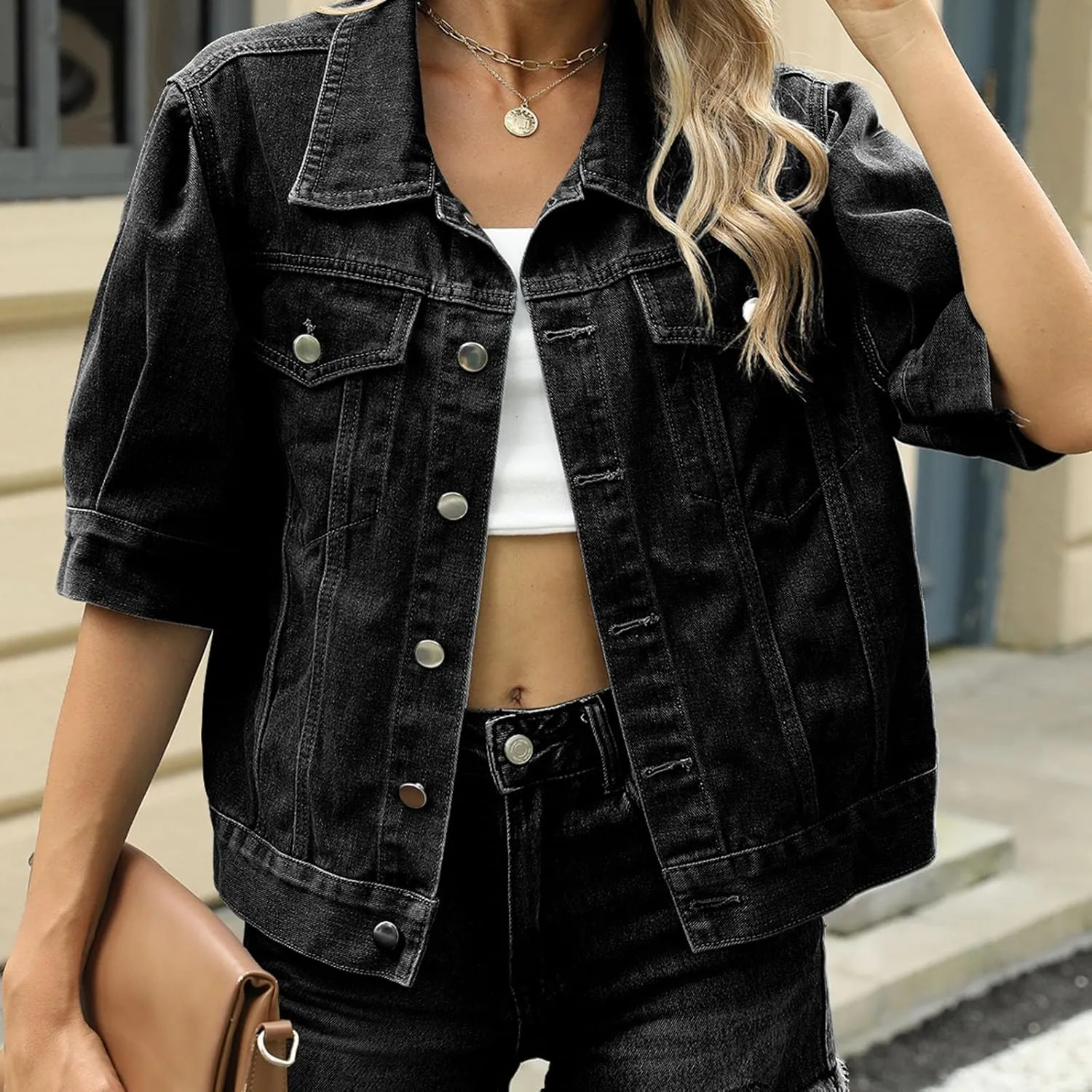 Hulpvktsgiq Women's Washed Denim Jacket Short Sleeve Turn-down Collar Button Jean Jackets Casual Coat Streetwear with Pockets