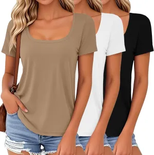 Huukeay 3 Pack Women's Summer Tunic Tops Scoop Neck Short Sleeve Shirt Casual Loose Fit Swing Tee to Wear with Leggings