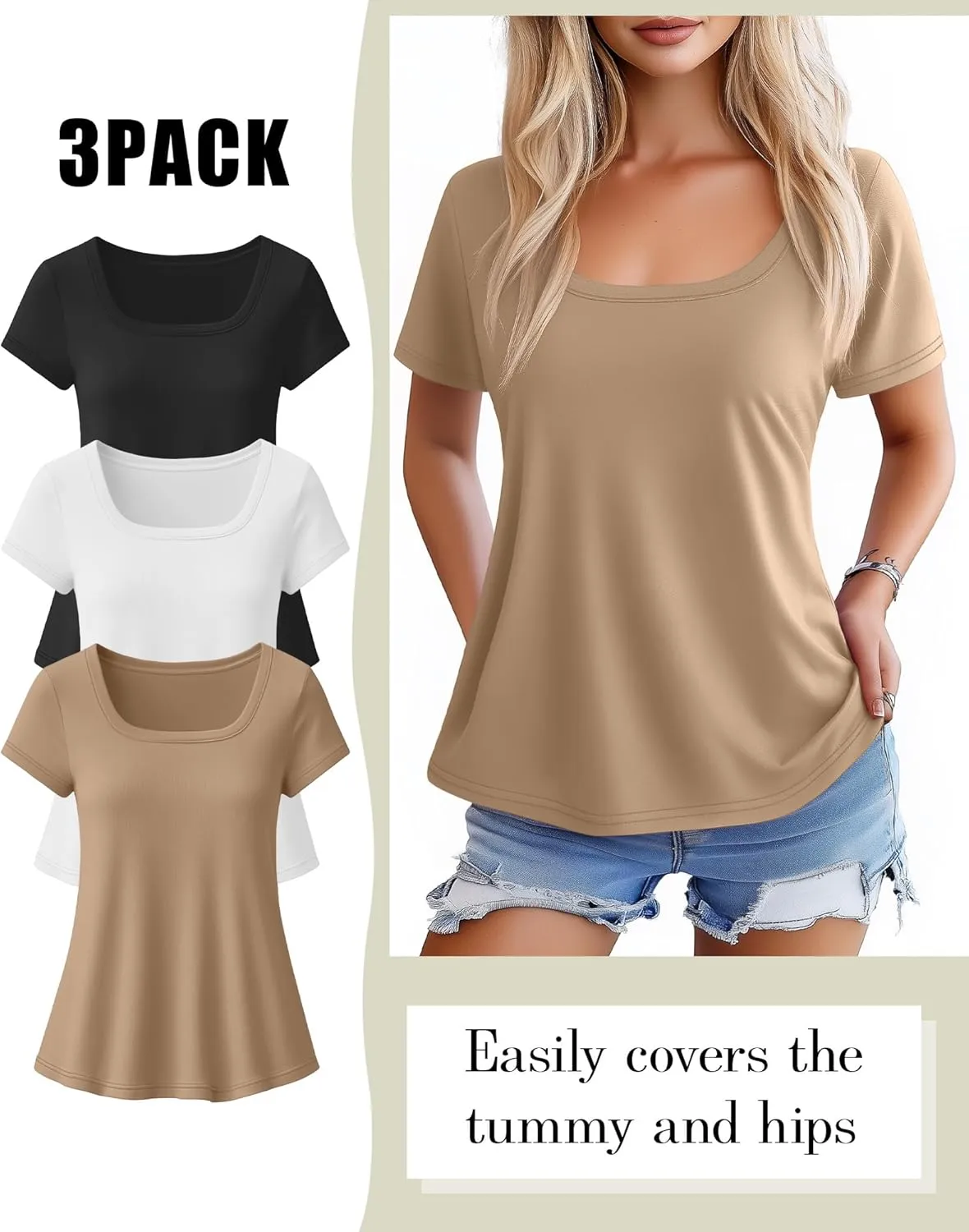 Huukeay 3 Pack Women's Summer Tunic Tops Scoop Neck Short Sleeve Shirt Casual Loose Fit Swing Tee to Wear with Leggings