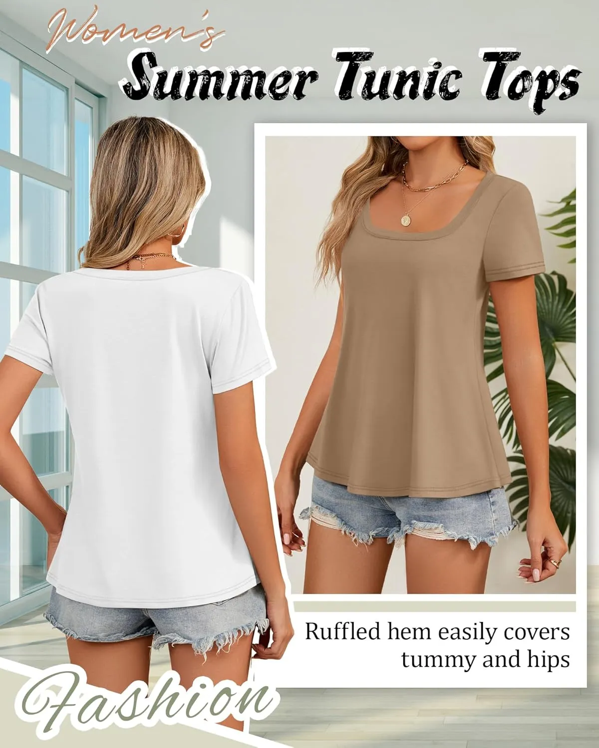 Huukeay 3 Pack Women's Summer Tunic Tops Scoop Neck Short Sleeve Shirt Casual Loose Fit Swing Tee to Wear with Leggings
