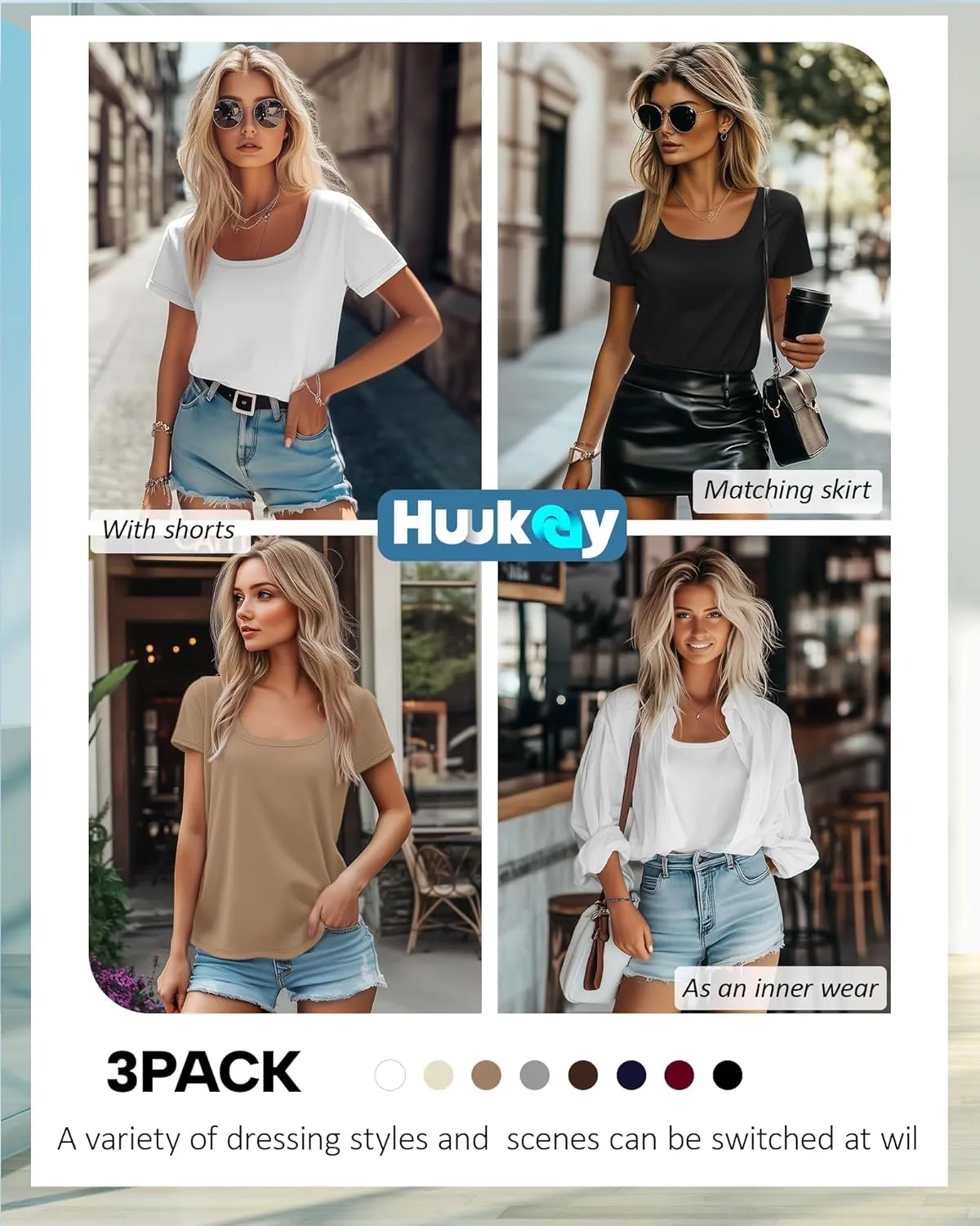 Huukeay 3 Pack Women's Summer Tunic Tops Scoop Neck Short Sleeve Shirt Casual Loose Fit Swing Tee to Wear with Leggings