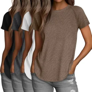 Huukeay 4 Pack Women's Short Sleeve T Shirts, Casual Crewneck Solid Raglan Tee Shirts Summer Side Split U-Shape Hem Tunic Top
