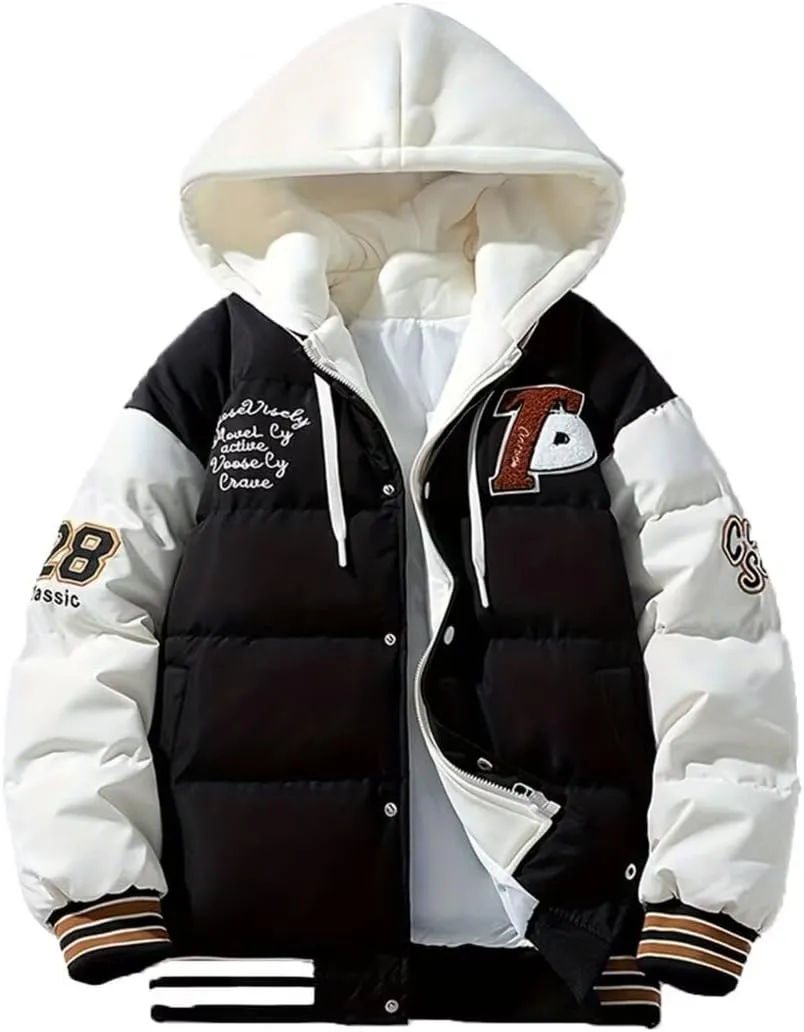 INVACHI Men's Hooded Down Jacket Fake Two-piece Hooded Patchwork Cotton Jacket Long Sleeve Jacket Men's Winter Outdoor Jacket
