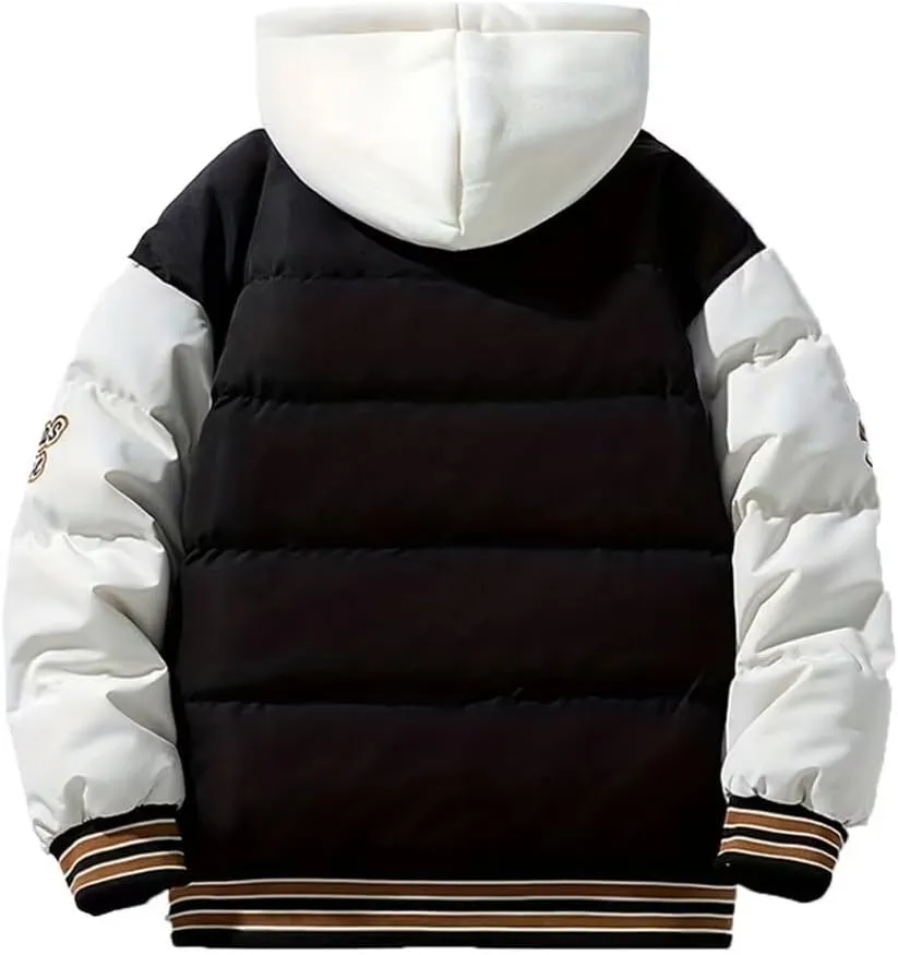 INVACHI Men's Hooded Down Jacket Fake Two-piece Hooded Patchwork Cotton Jacket Long Sleeve Jacket Men's Winter Outdoor Jacket