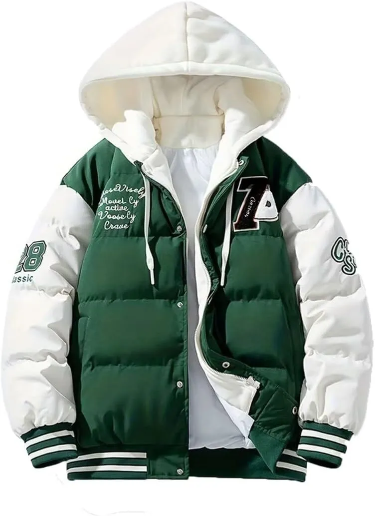 INVACHI Men's Hooded Down Jacket Fake Two-piece Hooded Patchwork Cotton Jacket Long Sleeve Jacket Men's Winter Outdoor Jacket