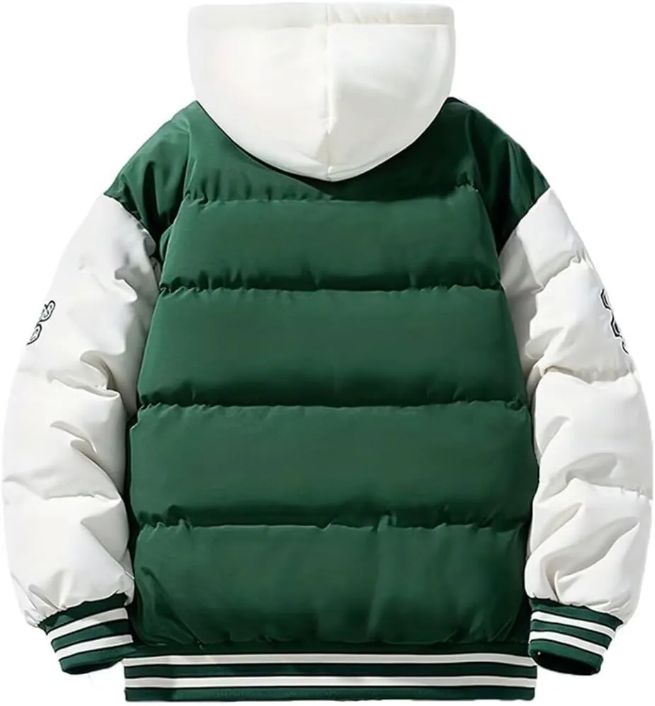 INVACHI Men's Hooded Down Jacket Fake Two-piece Hooded Patchwork Cotton Jacket Long Sleeve Jacket Men's Winter Outdoor Jacket