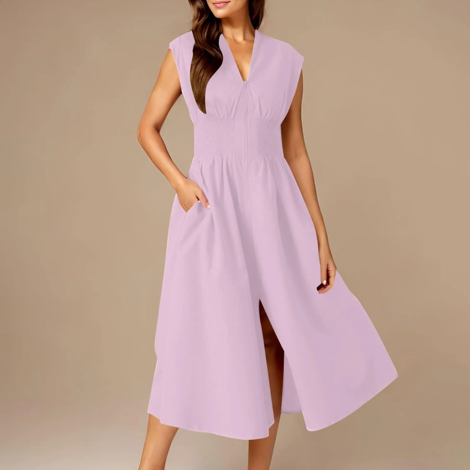 JOAU Womens Summer Casual V Neck Cap Sleeve Dress Smocked Elastic Waist Zipper Front Flowy Pleated Midi Dresses with Pockets