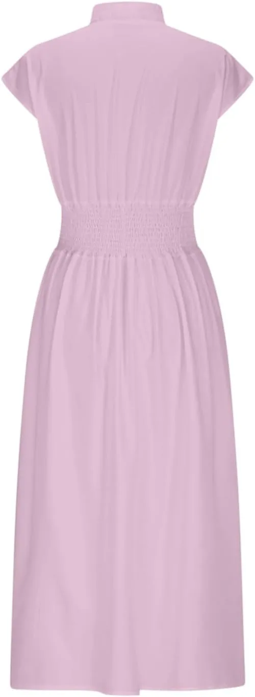 JOAU Womens Summer Casual V Neck Cap Sleeve Dress Smocked Elastic Waist Zipper Front Flowy Pleated Midi Dresses with Pockets