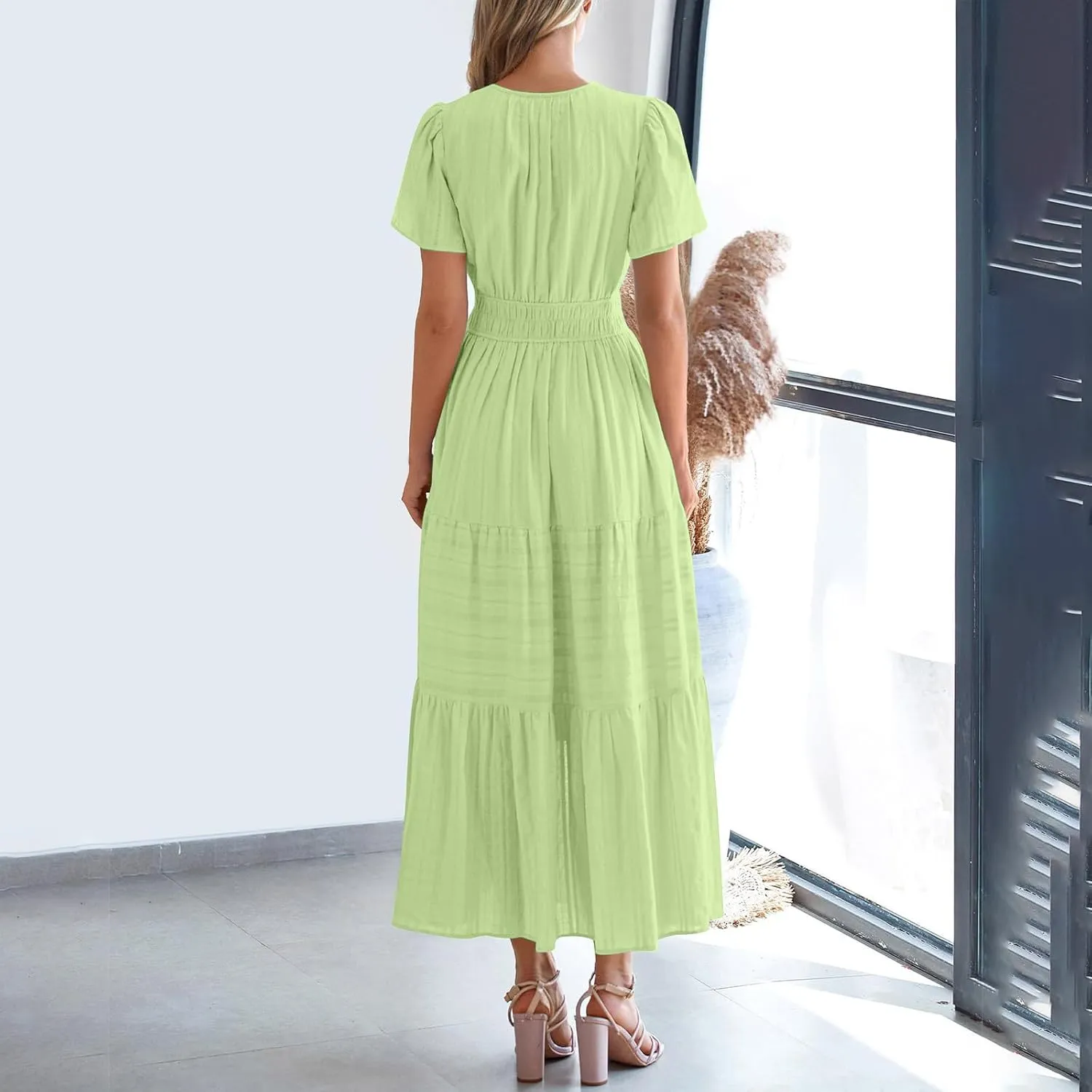 JOAU Womens Summer Dresses 2025 Casual Short Sleeve Notched V Neck Boho Tiered Ruffle A-Line Beach Maxi Dress with Pockets