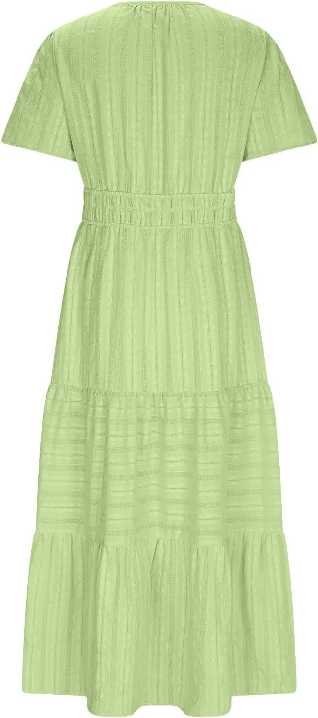 JOAU Womens Summer Dresses 2025 Casual Short Sleeve Notched V Neck Boho Tiered Ruffle A-Line Beach Maxi Dress with Pockets
