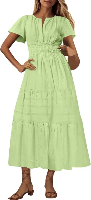JOAU Womens Summer Dresses 2025 Casual Short Sleeve Notched V Neck Boho Tiered Ruffle A-Line Beach Maxi Dress with Pockets