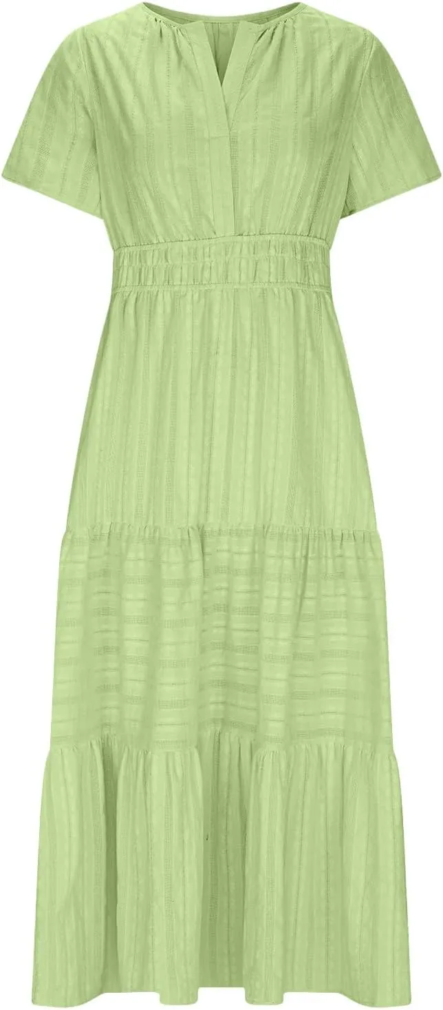 JOAU Womens Summer Dresses 2025 Casual Short Sleeve Notched V Neck Boho Tiered Ruffle A-Line Beach Maxi Dress with Pockets