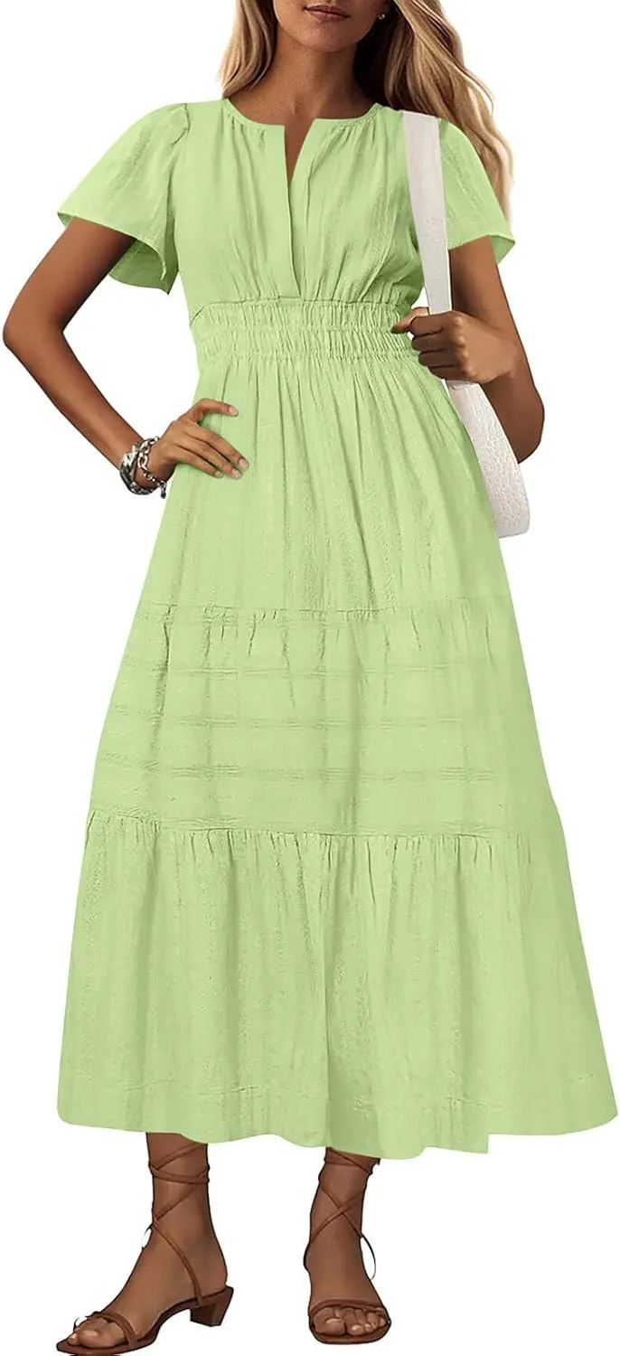 JOAU Womens Summer Dresses 2025 Casual Short Sleeve Notched V Neck Boho Tiered Ruffle A-Line Beach Maxi Dress with Pockets