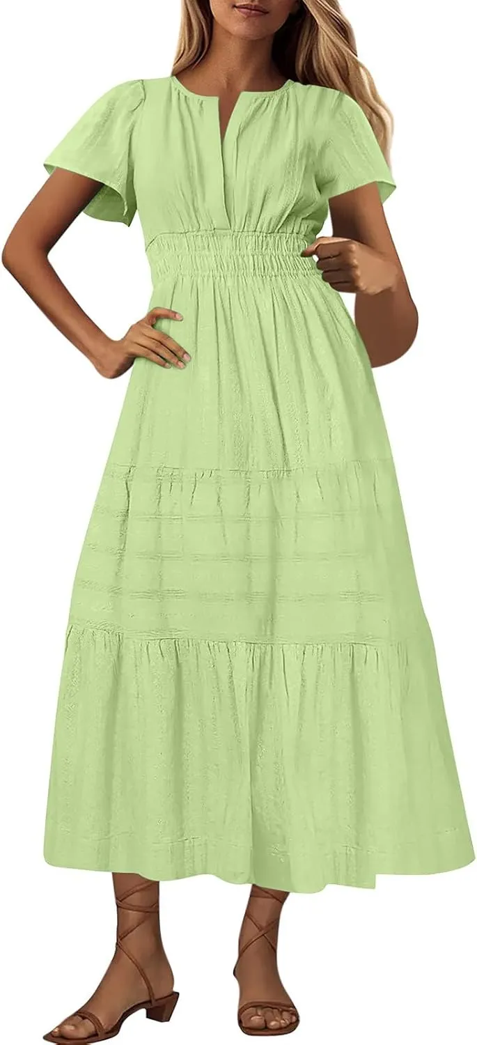 JOAU Womens Summer Dresses 2025 Casual Short Sleeve Notched V Neck Boho Tiered Ruffle A-Line Beach Maxi Dress with Pockets