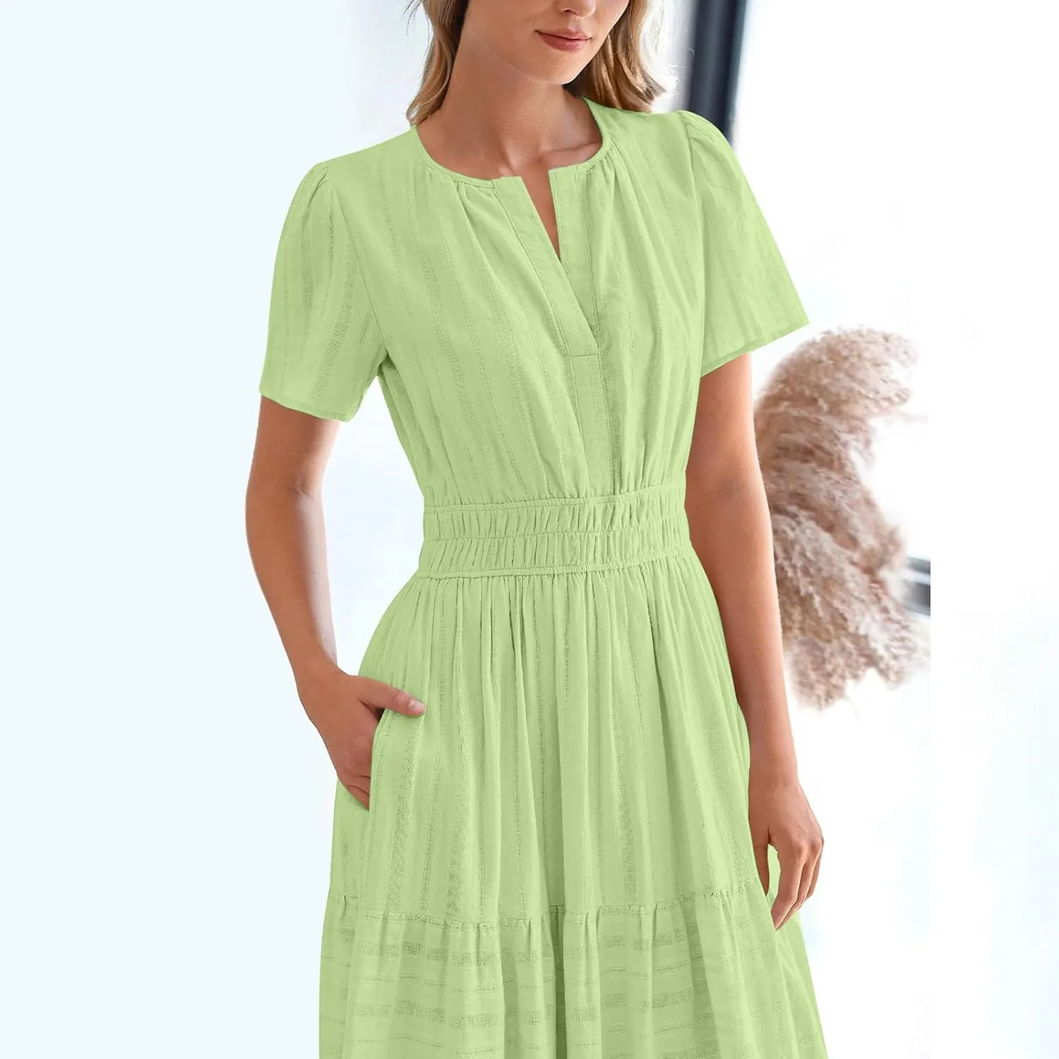JOAU Womens Summer Dresses 2025 Casual Short Sleeve Notched V Neck Boho Tiered Ruffle A-Line Beach Maxi Dress with Pockets