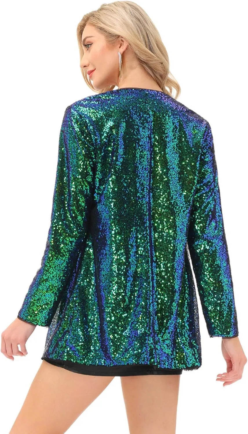 KANCY KOLE Women's Sequin Jacket Open Front Blazer Casual Long Sleeve Cardigan Coat S-XXL