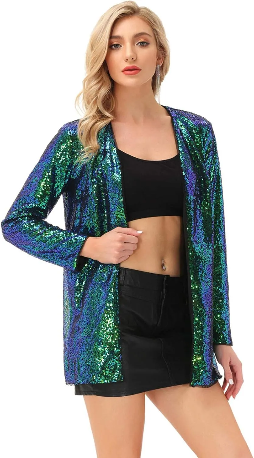 KANCY KOLE Women's Sequin Jacket Open Front Blazer Casual Long Sleeve Cardigan Coat S-XXL
