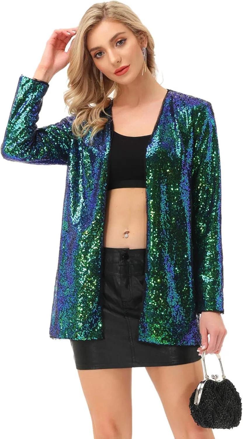 KANCY KOLE Women's Sequin Jacket Open Front Blazer Casual Long Sleeve Cardigan Coat S-XXL