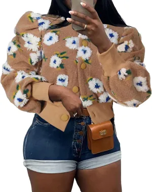 KANSOON Wool Coats for Women Floral Puff Sleeve Single Breasted Short Fall Winter Jacket