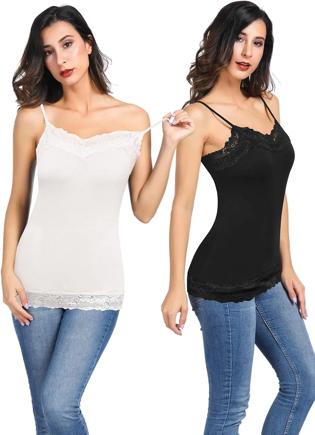 Kate Kasin Women's Adjustable Spaghetti Strap Lace Trim Cami Tunic Tank Top 2PACK