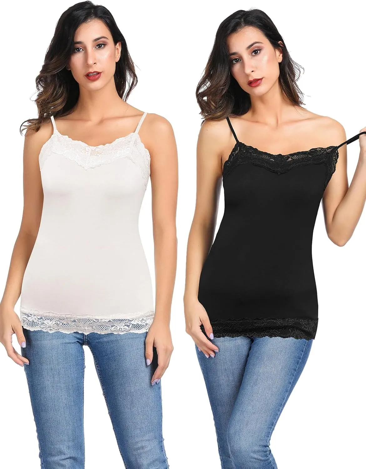Kate Kasin Women's Adjustable Spaghetti Strap Lace Trim Cami Tunic Tank Top 2PACK