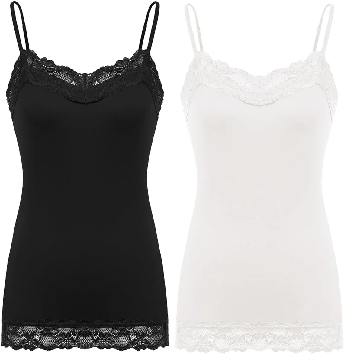 Kate Kasin Women's Adjustable Spaghetti Strap Lace Trim Cami Tunic Tank Top 2PACK