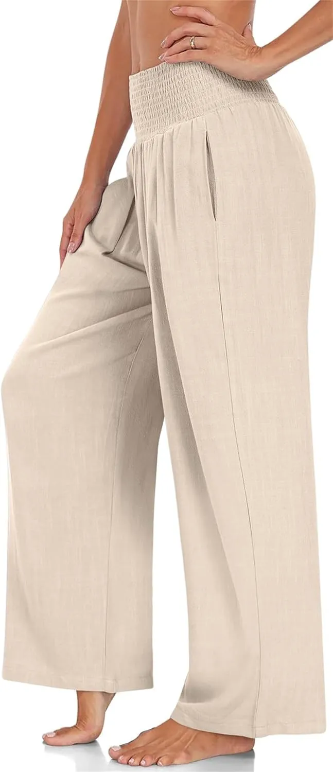 Kubbon Women's Linen Palazzo Pants Wide Leg High-Waist Yoga Sweatpants Casual Flowy Sport Loose Beach Trousers with Pockets