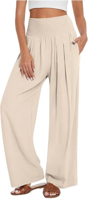 Kubbon Women's Linen Palazzo Pants Wide Leg High-Waist Yoga Sweatpants Casual Flowy Sport Loose Beach Trousers with Pockets