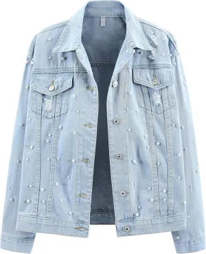 Ladyful Womens Oversized Denim Jacket Pearl Bride Jean Coat Outerwear