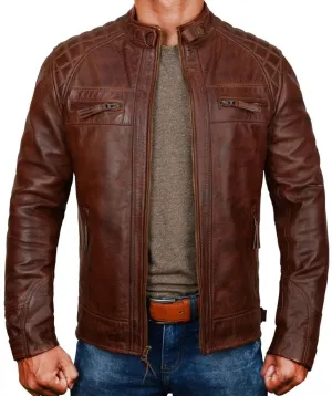 Lambskin Leather Jacket for Men - Vintage Distressed Brown Biker Coat