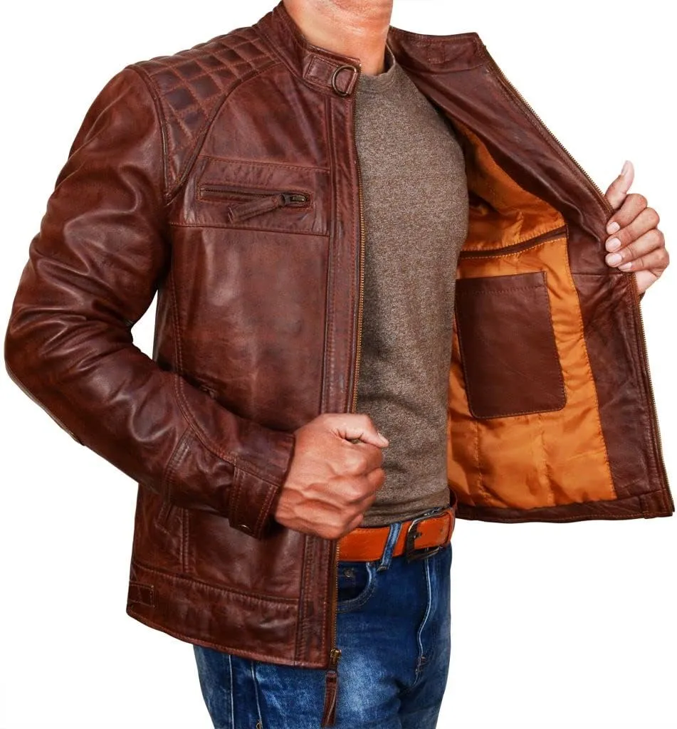 Lambskin Leather Jacket for Men - Vintage Distressed Brown Biker Coat