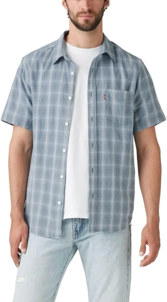 Levi's Men's Classic 1 Pocket Short Sleeve Button Up Shirt (Also Available in Big), (New) Leon Plaid Steam Blue Cotton Linen