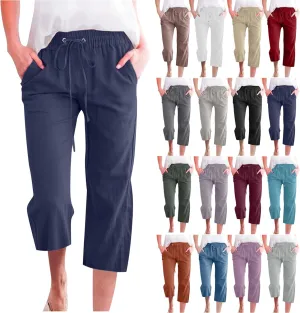 Linen Capri Pants for Women Casual Summer 2024 High Waist Drawstring Wide Leg Lounge Pant Resort Wear Cropped Trouser