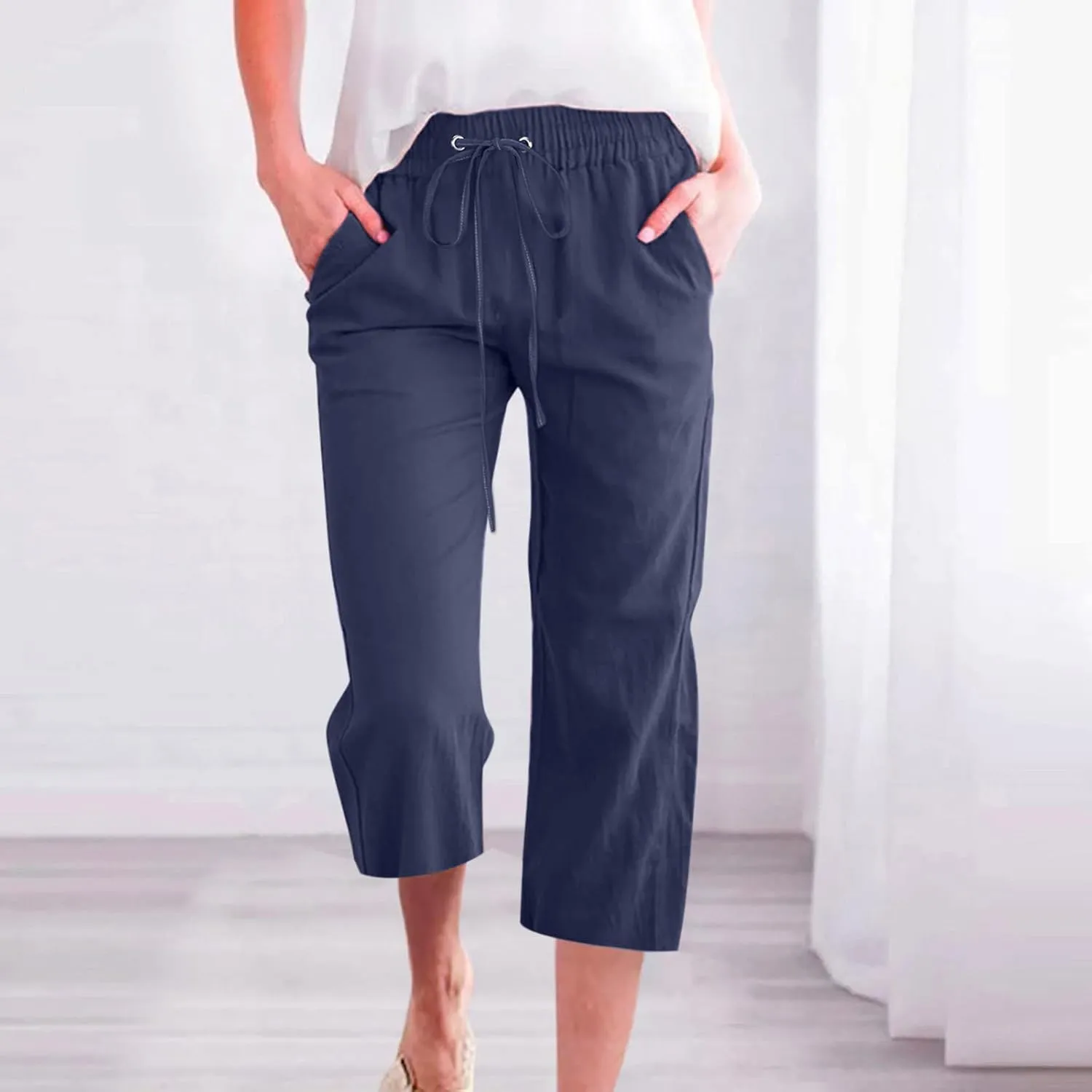 Linen Capri Pants for Women Casual Summer 2024 High Waist Drawstring Wide Leg Lounge Pant Resort Wear Cropped Trouser
