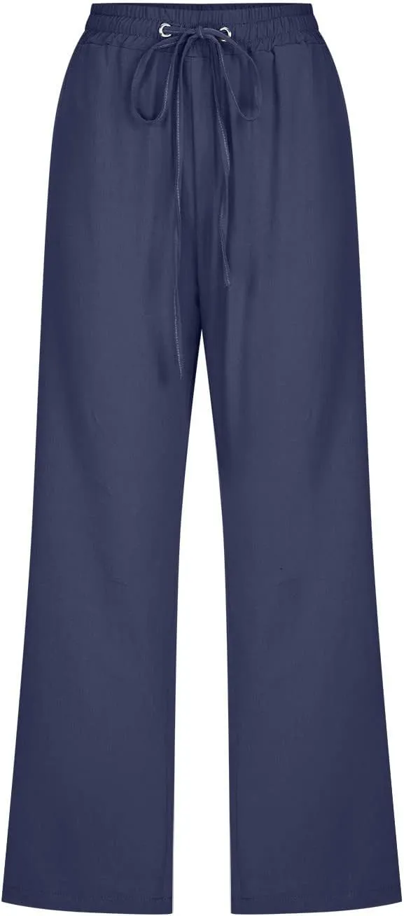 Linen Capri Pants for Women Casual Summer 2024 High Waist Drawstring Wide Leg Lounge Pant Resort Wear Cropped Trouser