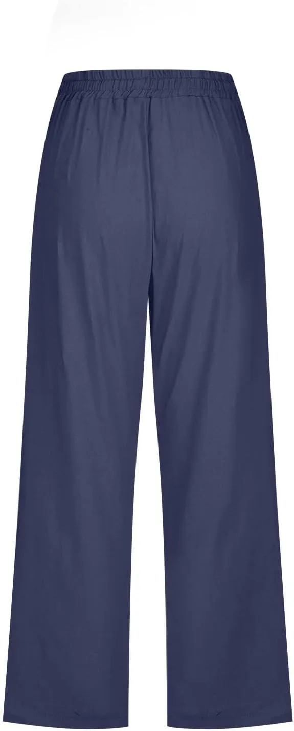Linen Capri Pants for Women Casual Summer 2024 High Waist Drawstring Wide Leg Lounge Pant Resort Wear Cropped Trouser