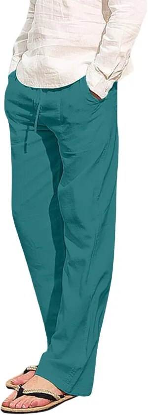 Linen Pants for Men Drawstring Wide Straight Leg Trousers Classic Fit Sweatpants Hiking Hunting Work Trousers Chino Pants Slim Fit Mens Tights