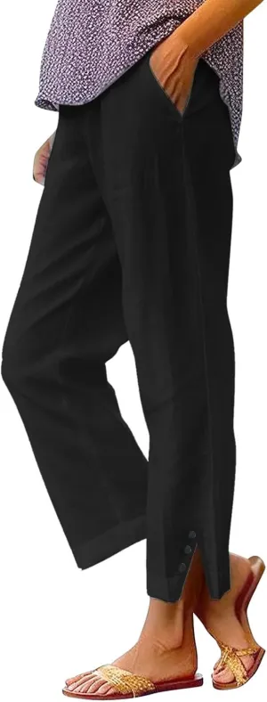 Linen Pants for Women Cotton Casual Elastic Waist Drawstring Straight Wide Leg Plus Size Capri Pant with Pockets 2025