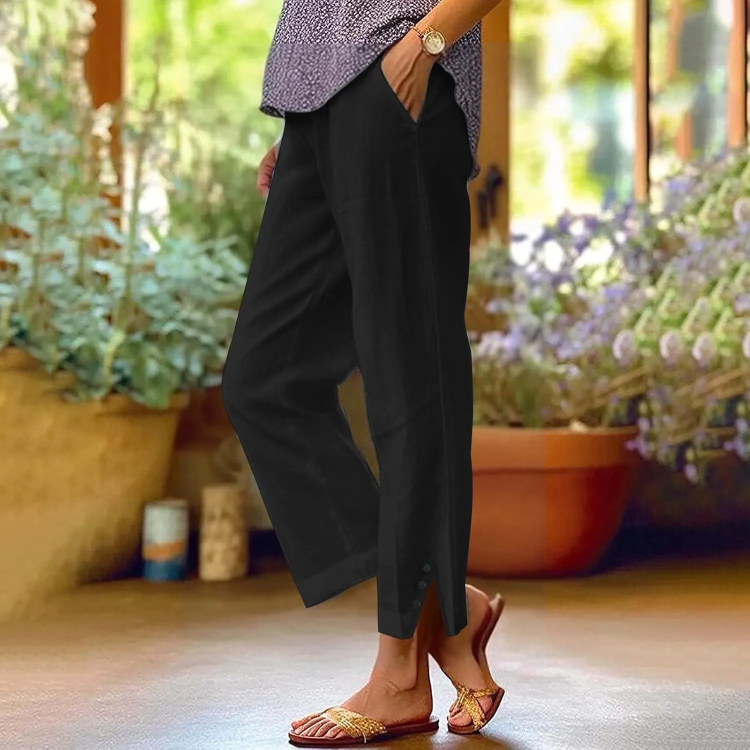 Linen Pants for Women Cotton Casual Elastic Waist Drawstring Straight Wide Leg Plus Size Capri Pant with Pockets 2025