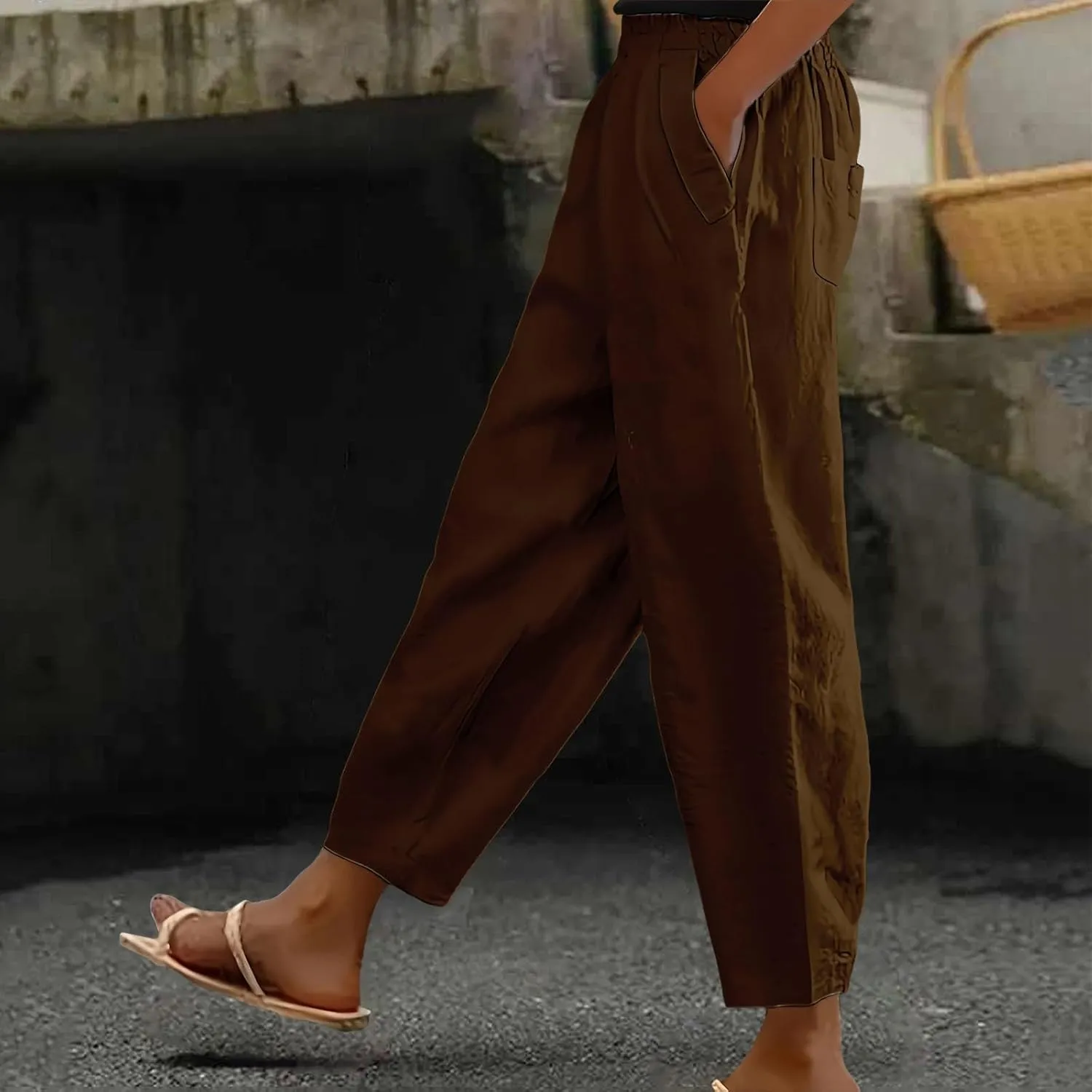 Linen Pants Women Summer Wide Leg Pant Drawstring Elastic Waist Pants High Waisted Lounge Beach Trousers with Pocket