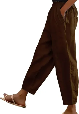 Linen Pants Women Summer Wide Leg Pant Drawstring Elastic Waist Pants High Waisted Lounge Beach Trousers with Pocket