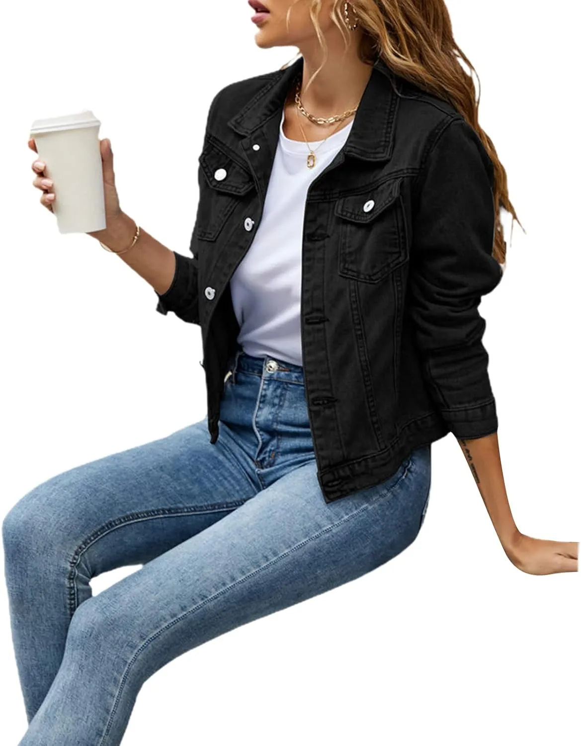 lisenraIn Jean Jackets for Women Fashion Basic Long Sleeve Button Down Denim Jacket Lightweight Cropped Jean Jacket