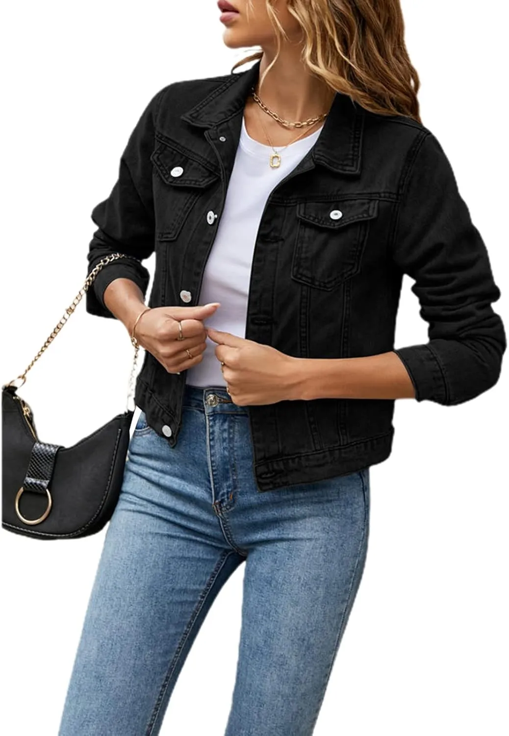 lisenraIn Jean Jackets for Women Fashion Basic Long Sleeve Button Down Denim Jacket Lightweight Cropped Jean Jacket