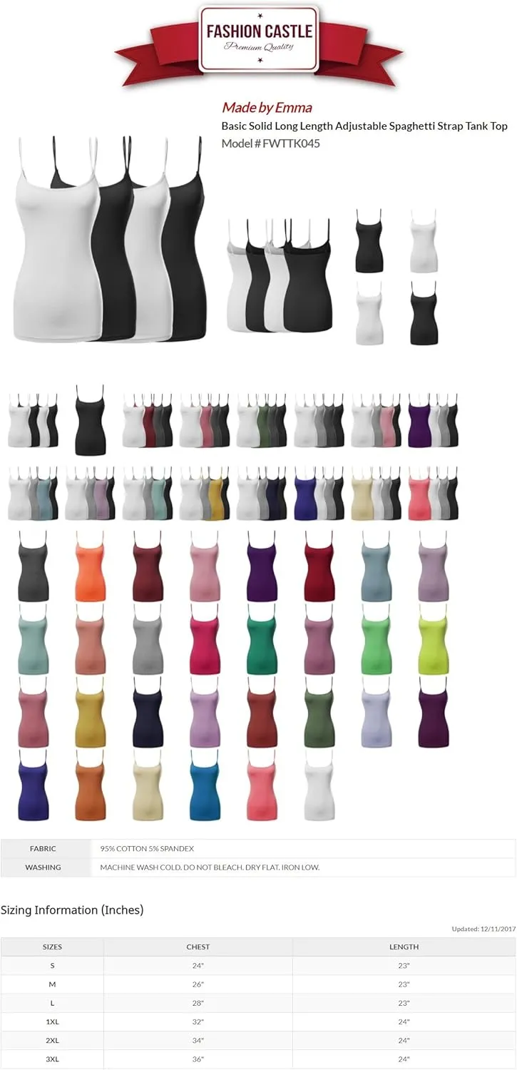 Made by Emma Women's Basic Camisole Long Length Spaghetti Strap Tank Top [2PACK]