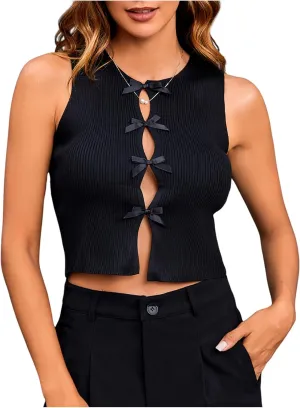 MakeMeChic Women's Bow Knot Sweater Vest Crew Neck Sleeveless Knit Vest Top