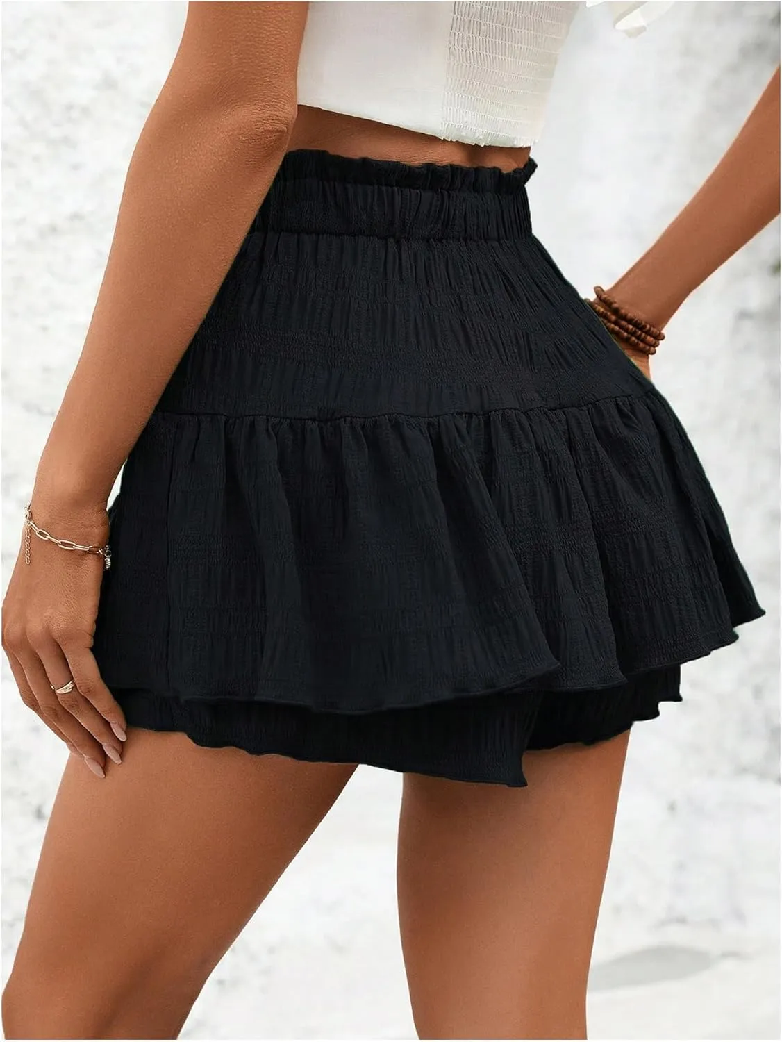 MakeMeChic Women's Elastic High Waisted Tie Front Ruffle Hem Skorts Frill Trim Loose Shorts