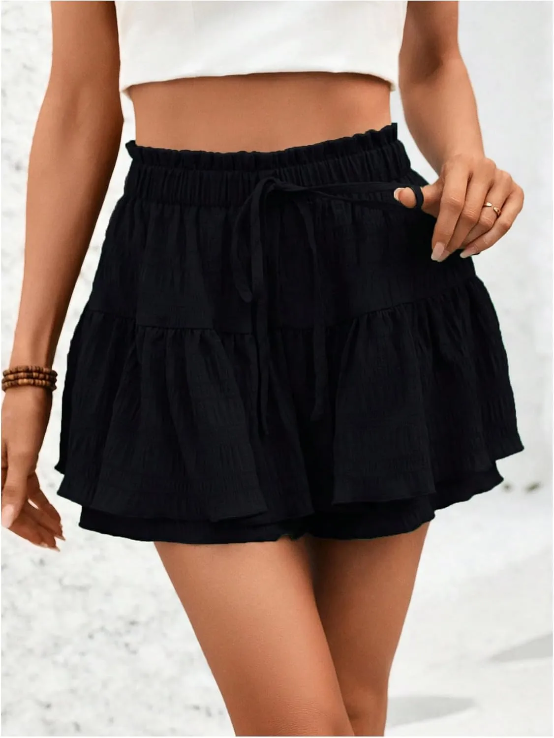 MakeMeChic Women's Elastic High Waisted Tie Front Ruffle Hem Skorts Frill Trim Loose Shorts