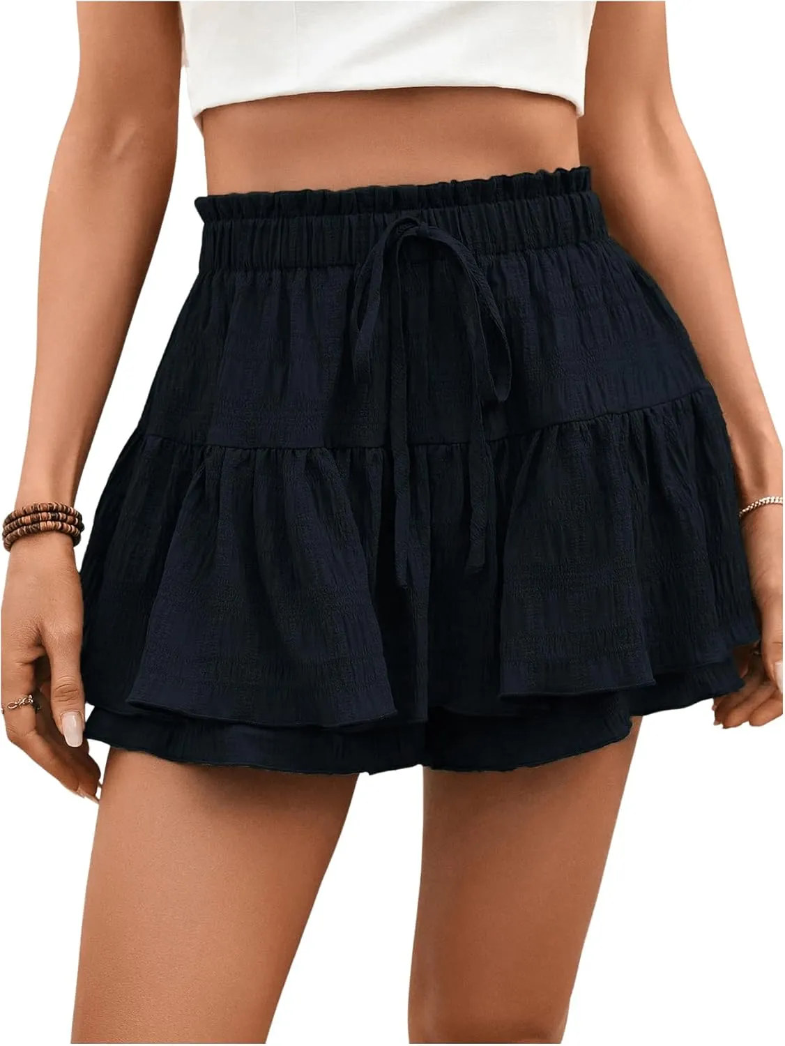 MakeMeChic Women's Elastic High Waisted Tie Front Ruffle Hem Skorts Frill Trim Loose Shorts